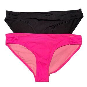 OP Bikini Hipster Bottoms Ruched Sides Set of Two Black and Neon Pink Size M
